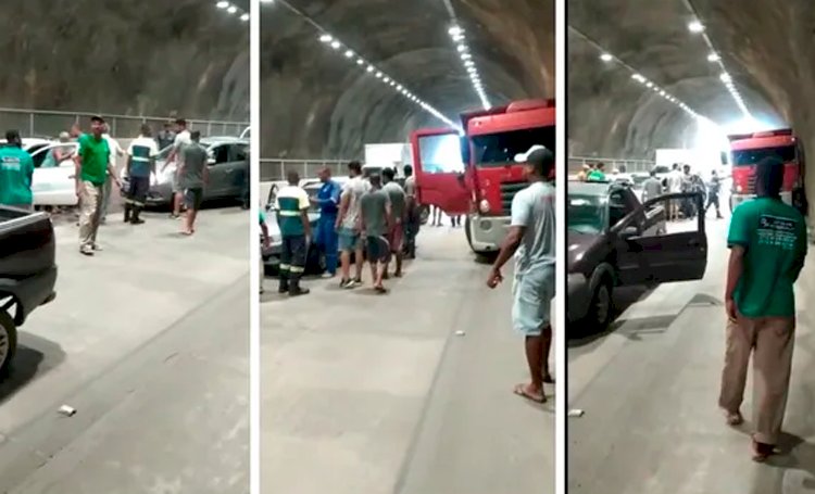 Três pessoas ficam feridas após acidente entre caçamba e quatro carros em túnel de Salvador